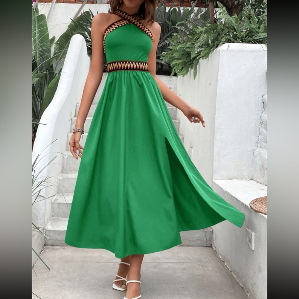Boho chevron trim slit thigh maxi dress